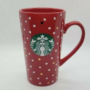 Starbucks 2018 Cup Red Gold White Polka Dot Tumbler Ceramic Travel Mug 14oz